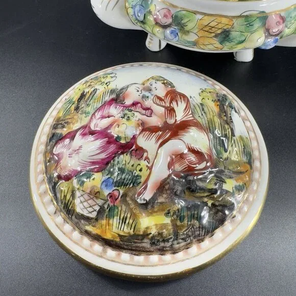 Vintage Capodimonte Italian Pottery Covered Dish Covered Bowl Dish Painted Italy